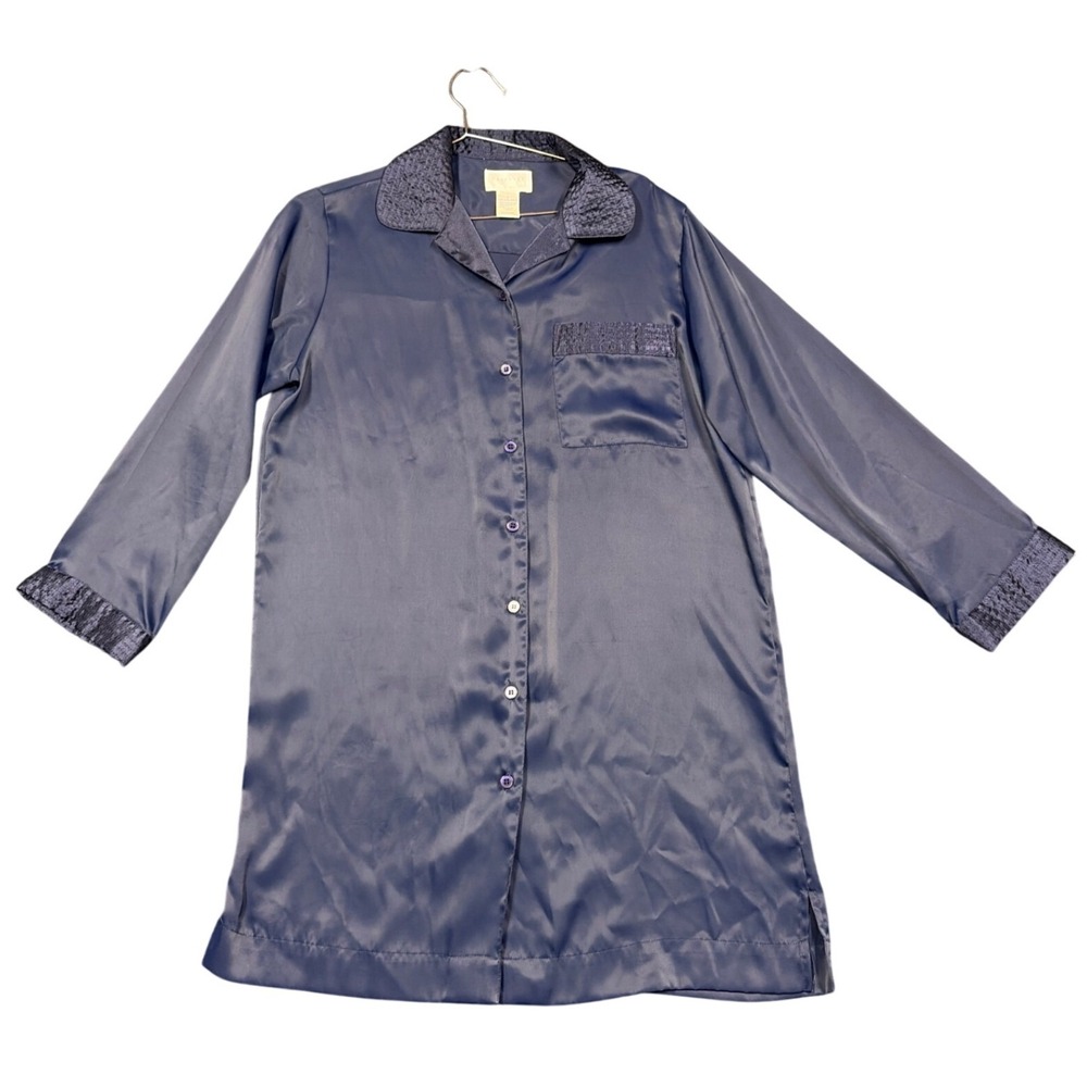 Cabernet Nightshirt Womens S Navy Blue Satin Button Front Long Sleeve Sleepwear